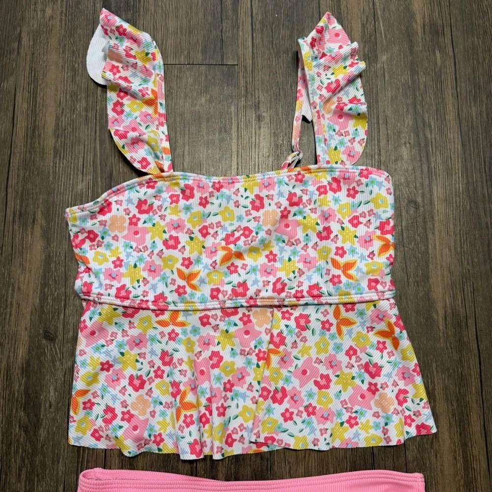 Girls' Pink Red Floral Tankini Set Two-Piece Swimwear Ruffle Straps Stretch 14